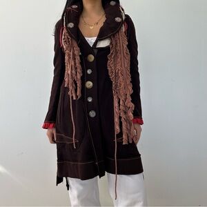 BNWT Salad Brown Wool Blend Button-Up Coat with Ruffle Detailing - X-Small